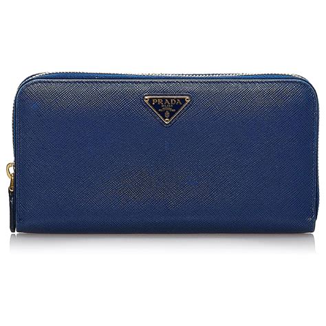 prada blue saffiano leather zip around long wallet item 25862432|Bags .